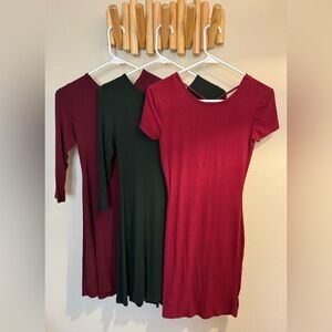 Bundle Deal: 3 Elegant Red and Green Ribbed Dress Set